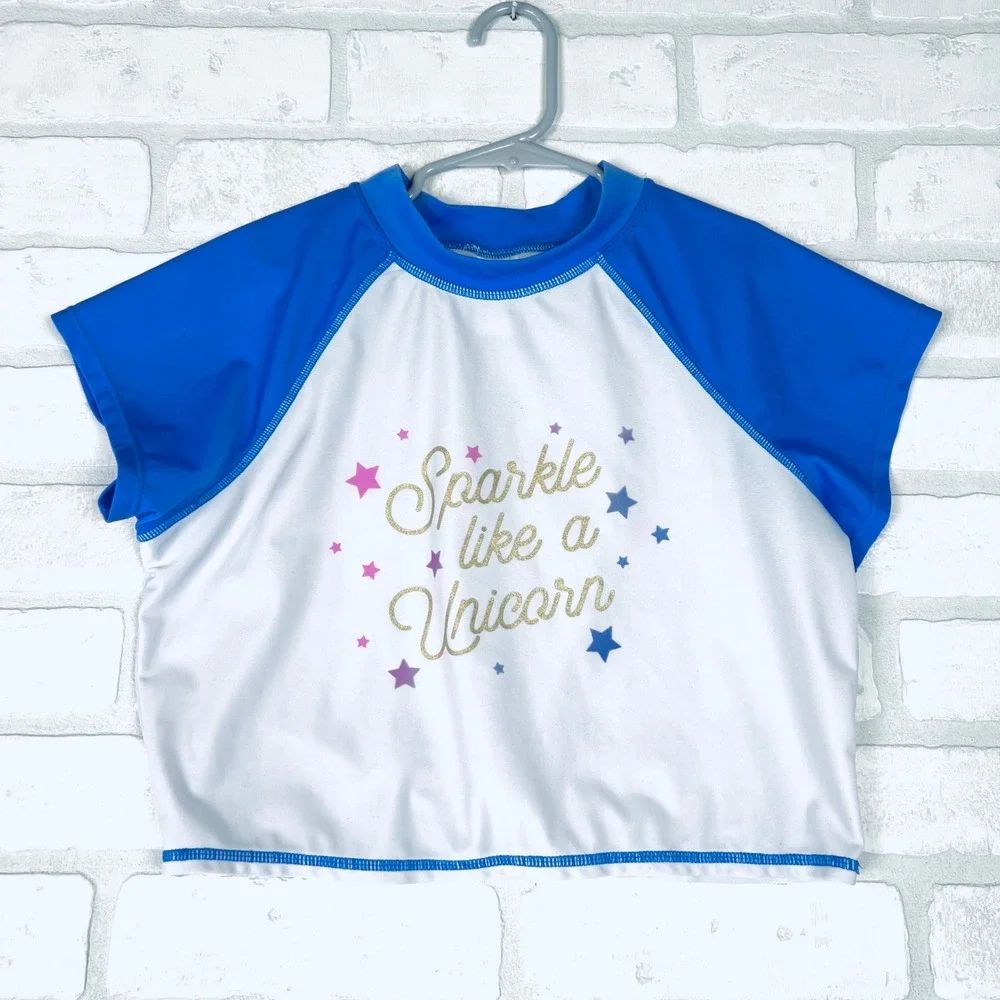 Cat & Jack Girls Blue White Sparkle Like A Unicorn Rash Guard Swim Top XL 14/16
